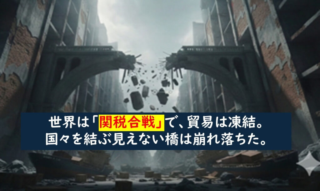 高関税と報復関税の連鎖によって関税合戦が激化し、国と国を結んでいた自由貿易という見えない橋が崩れ、世界経済が分断されていった状況を象徴的に表した図
