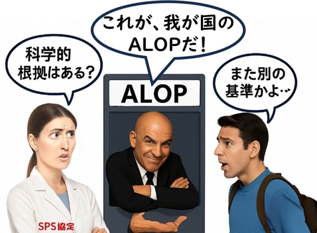 ALOP（上乗せ可能な保護水準）を主張するおじさんが「これが我が国のこだわりだ！」と話し、SPS協定の審査官が科学的根拠を問い、輸入者が驚いているイラスト。Codexの基準に上乗せする各国の姿勢をコミカルに描いている。