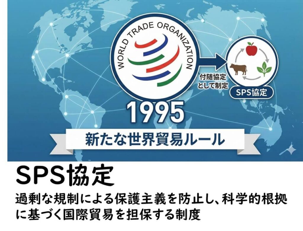 1995年の世界貿易機関（WTO）発足と同時に、過剰な規制による保護主義を防ぎ、食品や動植物の安全措置を科学的根拠に基づいて運用するためのルールとしてSPS協定が導入されたことを示す図