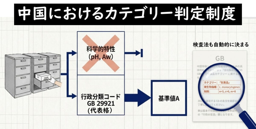 中国では食品の科学的特性ではなく、行政カテゴリー（GB29921）によって基準値と検査法が自動的に決まる制度構造を示した図
