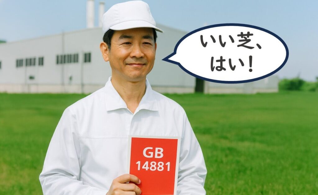 食品工場の屋外で、作業服を着た男性が「いい芝、はい！」と話しながら、食品衛生基準「GB 14881」の赤い表示板を掲げているイラスト。中国の食品工場における衛生管理基準を象徴している。