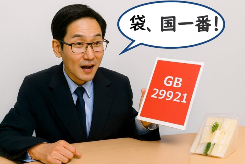 GB 29921のパネルを掲げ、『袋、国一番！』と話す男性。包装されたサンドイッチがテーブルの上に置かれており、RTE（即食性）食品の代表的なカテゴリー規格であることを表現しているイラスト。