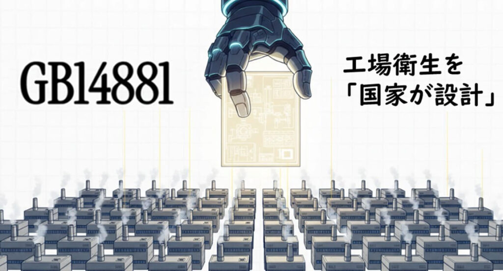 GB14881に基づき、工場の構造や衛生管理の基本形を国家が設計し、全国で同一水準の工場衛生を求める中国の制度構造を示した図
