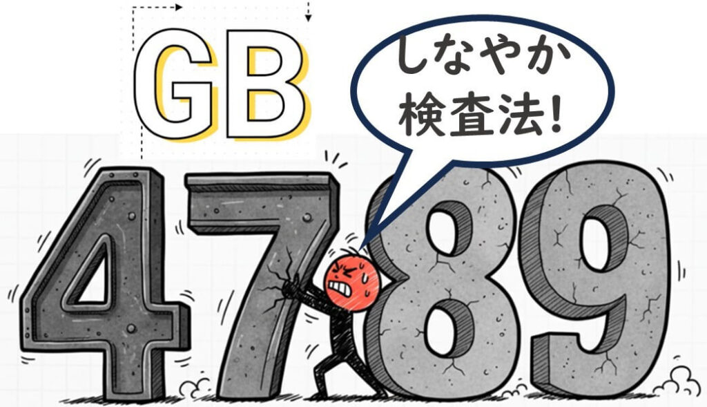 GB4789を「しなやか検査法」と覚える語呂合わせを示したイラスト。重い数字を押す人物が検査法の柔軟性を象徴している。