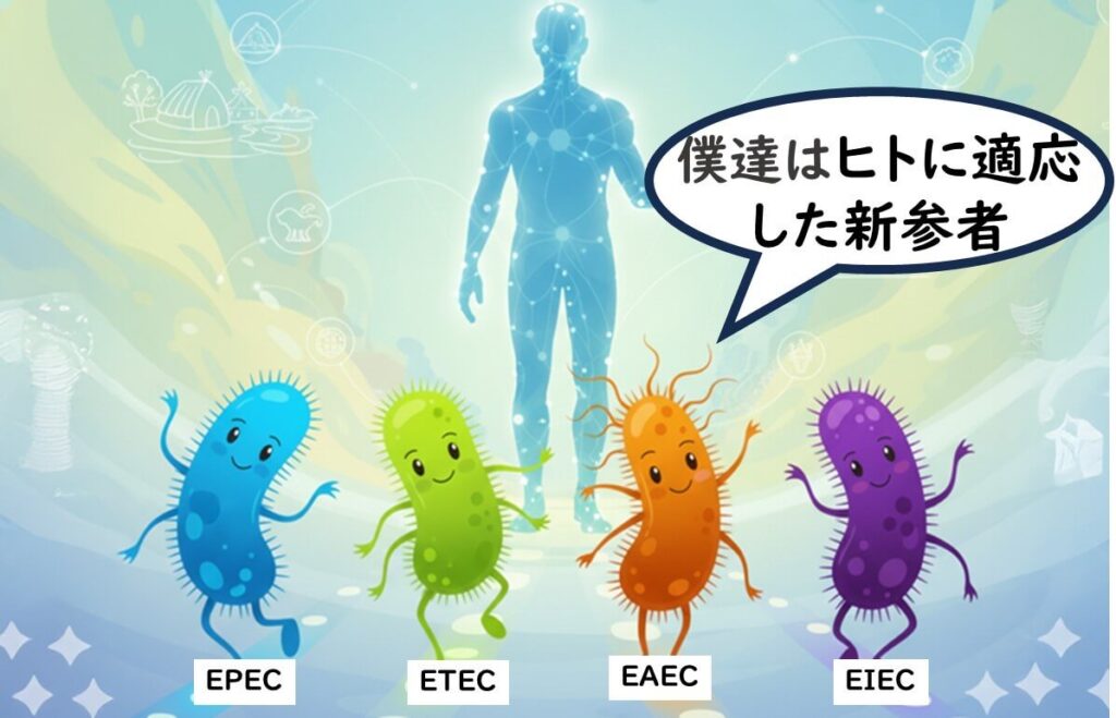 ヒトに適応した4種類の大腸菌（EPEC、ETEC、EAEC、EIEC）が人類の出現後に成立した“新参者”として描かれているイラスト。ヒトとの共進化を視覚的に示している。