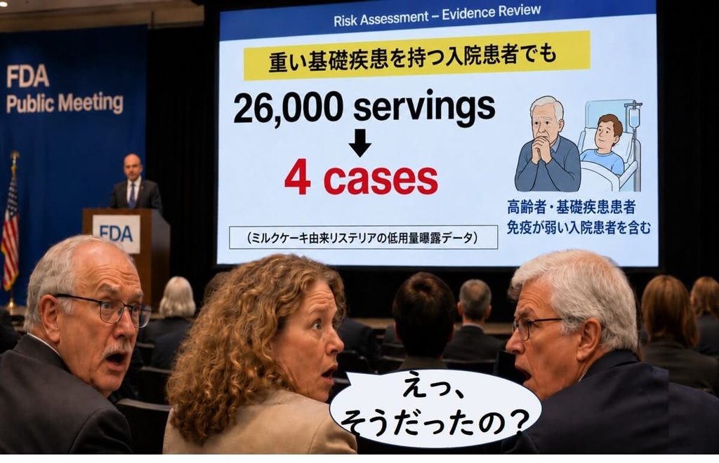 免疫が弱いICU患者などに約2万6,000食の汚染アイスクリームが提供されても発症は4例で、1食あたりの発症確率が極めて低かったことを示すイメージ