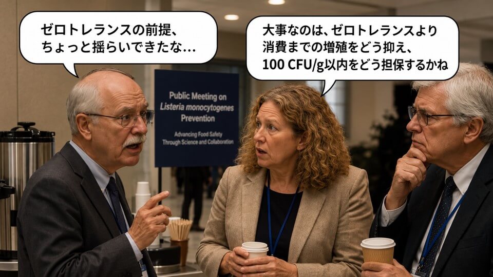 FDAのリステリア予防公聴会で、低用量曝露のデータを踏まえゼロトレランス政策の前提を見直す必要性を議論する様子