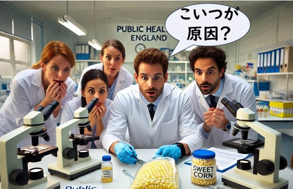 英国の公衆衛生研究所の研究者たちが、冷凍スイートコーンがリステリア食中毒の原因である可能性に驚いている様子。調査の結果、感染源として特定される瞬間を描写。