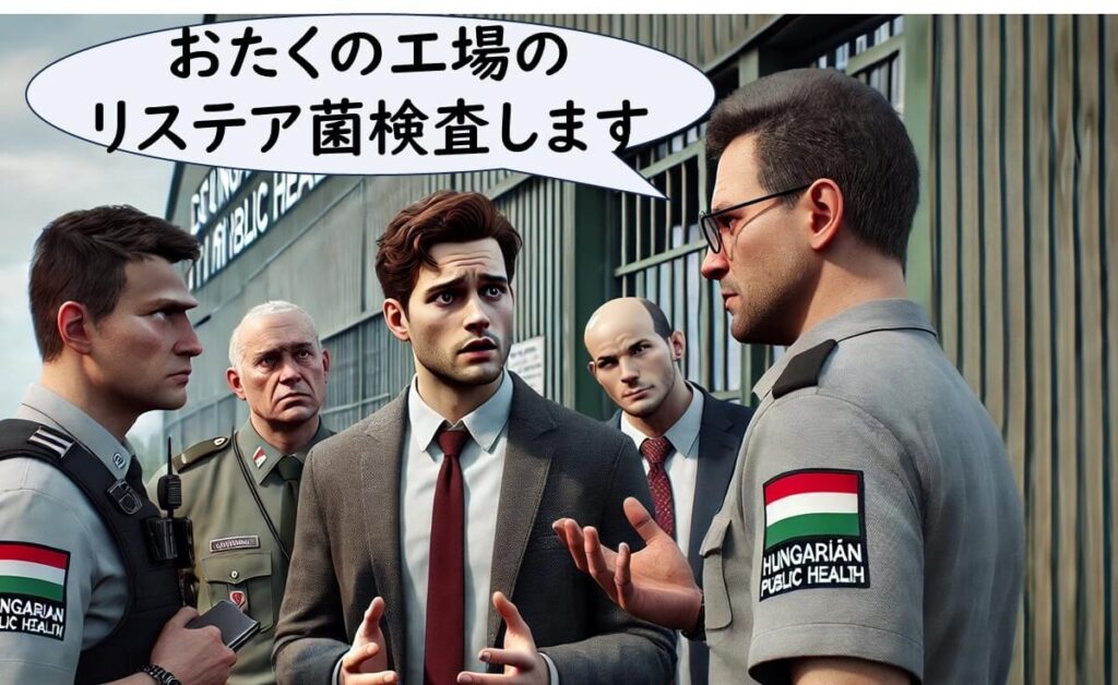 ハンガリーの公衆衛生当局が、冷凍スイートコーン工場に対してリステリア菌の検査を実施する場面。感染源の特定に向けた現地調査の様子。