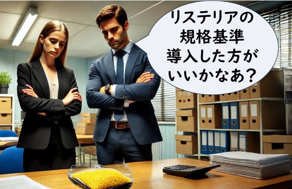 オフィスで冷凍スイートコーンのパッケージを前に、食品安全担当者がリステリア・モノサイトゲネスの微生物規格基準を導入すべきか検討している様子を示すイラスト。冷凍野菜に規格基準を適用する必要性の議論を象徴している。