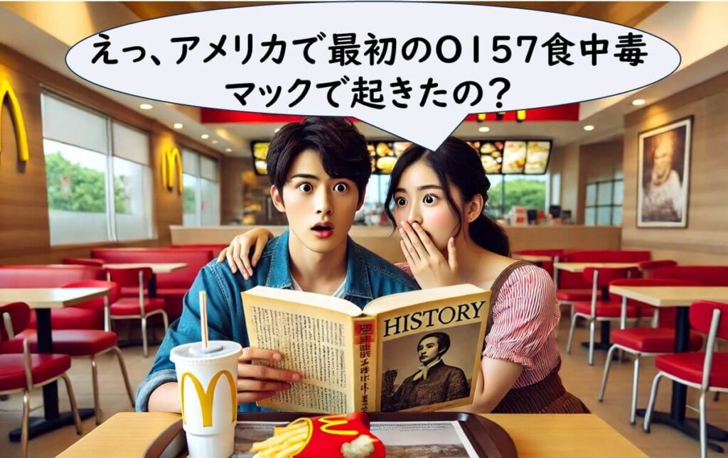 マックレストランで歴史を見て驚く日本の若い男女