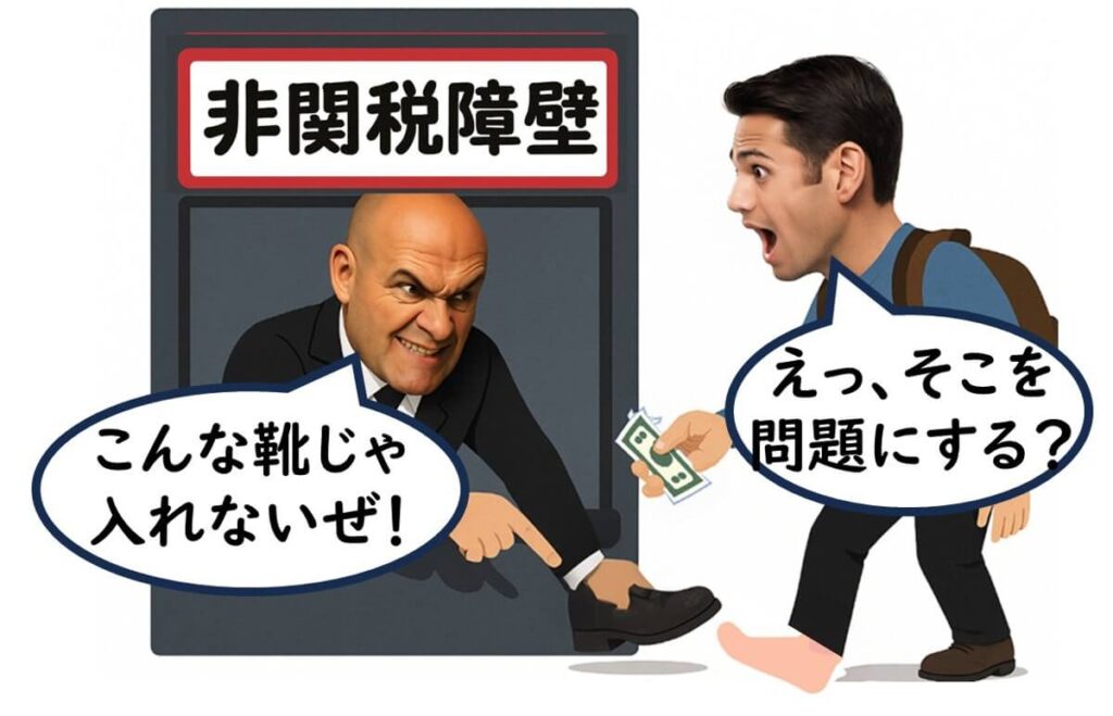 非関税障壁として理不尽な口実をつけ、靴を理由に入場を拒む係員と、驚く旅行者のイラスト。関税以外のごまかしを象徴している
