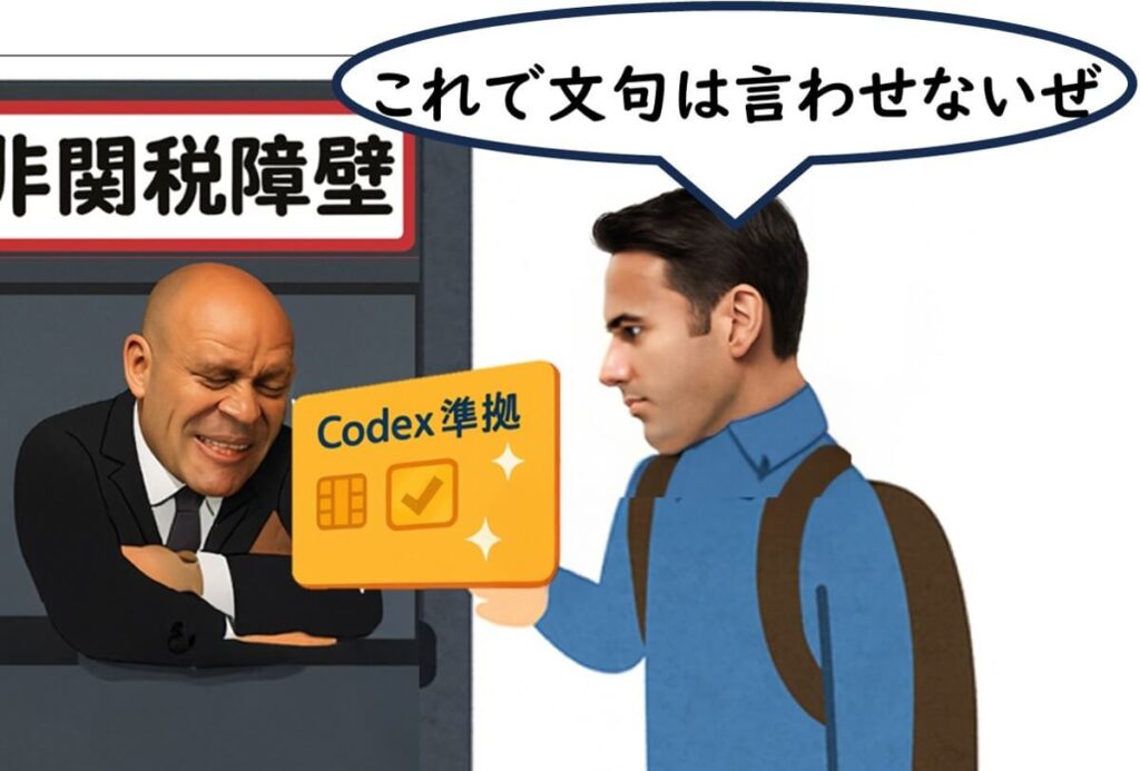 Codex準拠カードを提示し、非関税障壁の言い訳を封じるイラスト