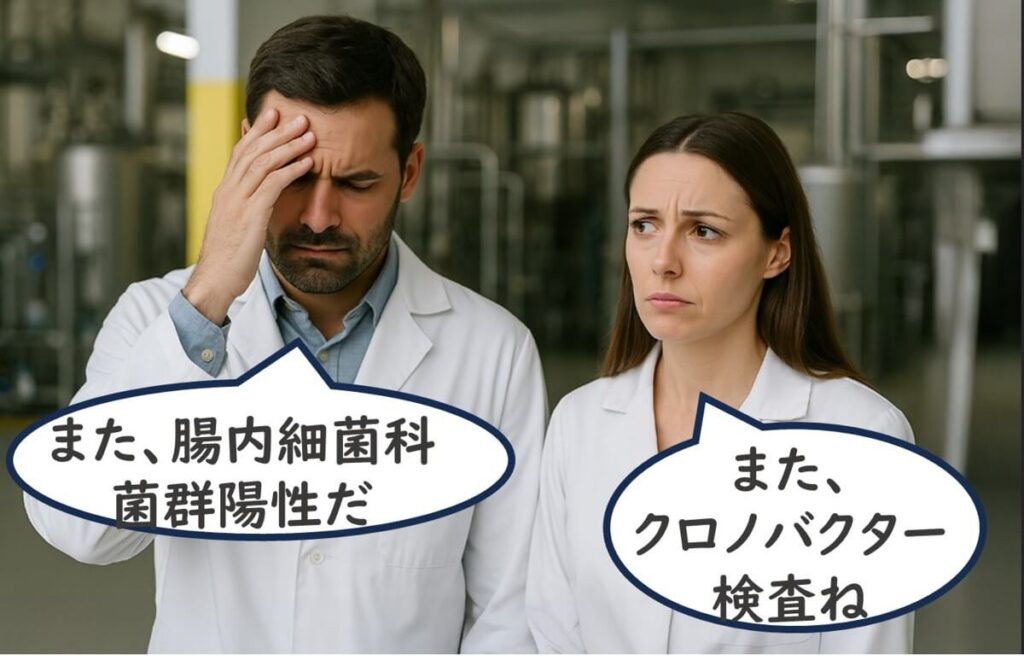 腸内細菌科菌群が陽性となり、追加でクロノバクター検査を繰り返し実施しなければならない非効率性にうんざりする品質管理担当者たちを描いたイラスト