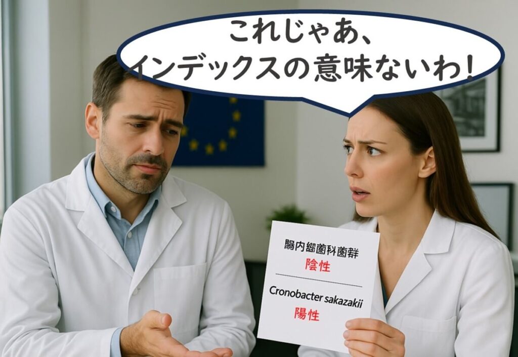 腸内細菌科が陰性なのに Cronobacter sakazakii が陽性となった検査結果を前に、困惑し怒りを示す女性担当者と、仕方なさそうに報告する男性担当者を描いたイラスト。インデックス生物概念の限界を象徴している。