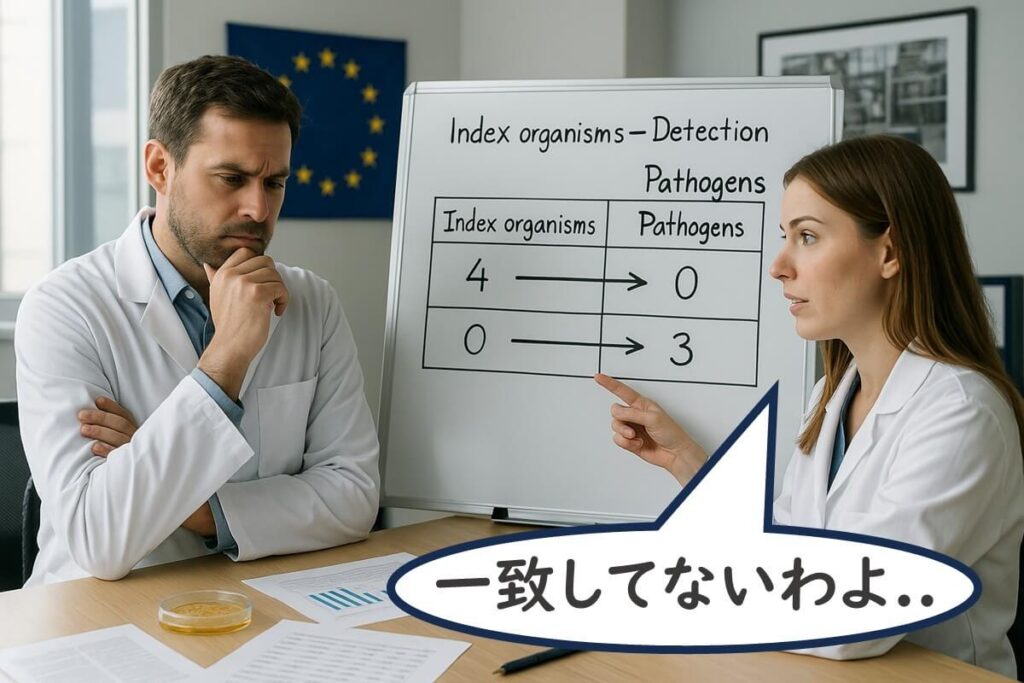 EUの品質管理担当者がホワイトボードに書かれた「インデックス細菌と病原菌の検出結果が一致しないデータ」を見ながら議論している場面のイラスト