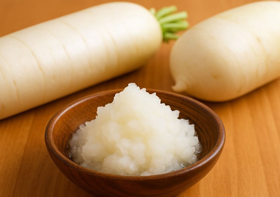 木製の小鉢に盛られた大根おろしと、奥に置かれた新鮮な大根。殺菌効果を持つ成分イソチオシアネートのイメージに関連したビジュアル。