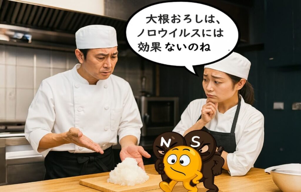 厨房で和食料理人の男女が大根おろしを見つめながら、「大根おろしはノロウイルスには効果がないのね」と話し合っている場面。チオールキャラクターも残念そうにしている。食品衛生上の誤解を解くことの重要性を象徴するイラスト。