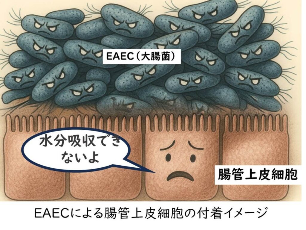 EAEC(腸管凝集付着性大腸菌)が腸管上皮細胞に密着し、水分吸収を阻害している様子を示すイラスト。腸の炎症と下痢発症のメカニズムを視覚的に説明。
