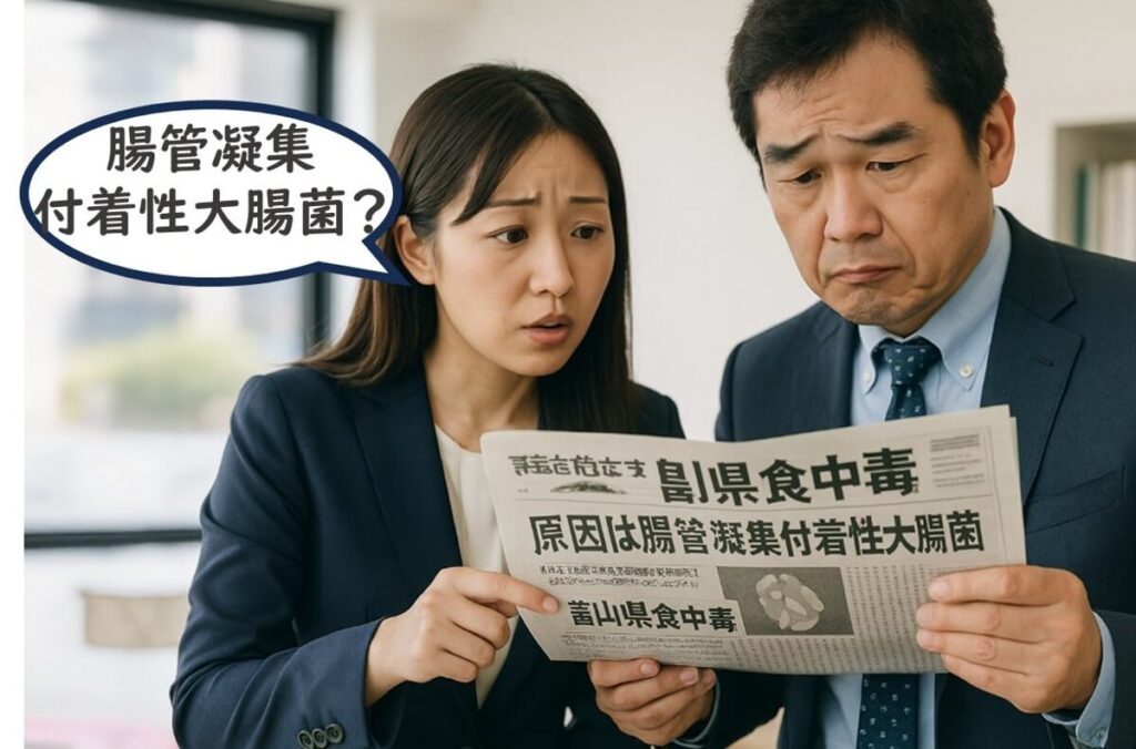 腸管凝集付着性大腸菌による食中毒のニュースを読み、不安そうな表情を浮かべる男女のイラスト。EAEC(腸管凝集付着性大腸菌)への注目を示す導入場面。