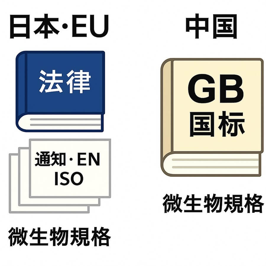 日本・EUでは微生物規格が法律と通知・EN ISOなど複数の文書で構成されているのに対し、中国ではGB（国標）一本に統一されていることを示す図。