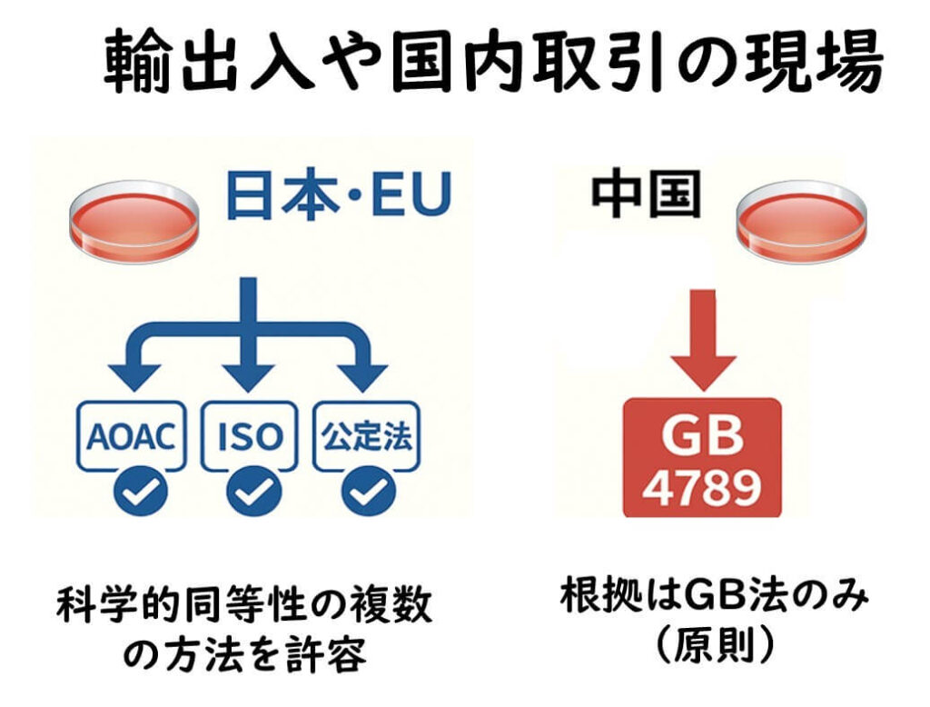 日本・EUではAOAC・ISO・公定法など科学的同等性のある複数の検査法を認めるのに対し、中国では原則としてGB 4789法のみを根拠とすることを示す図。