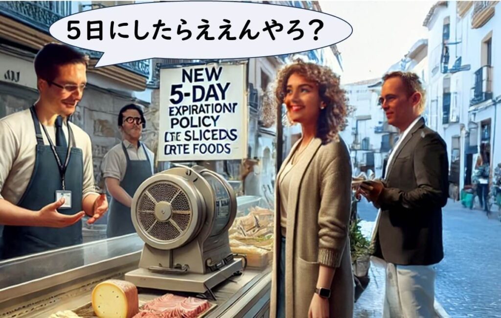 小売店舗でスライスされたRTE食品に、科学的根拠に基づき「5日以内」の消費期限を設定する方針を示したイメージ。EU規則に合致する5日ルールを直感的に表現している。