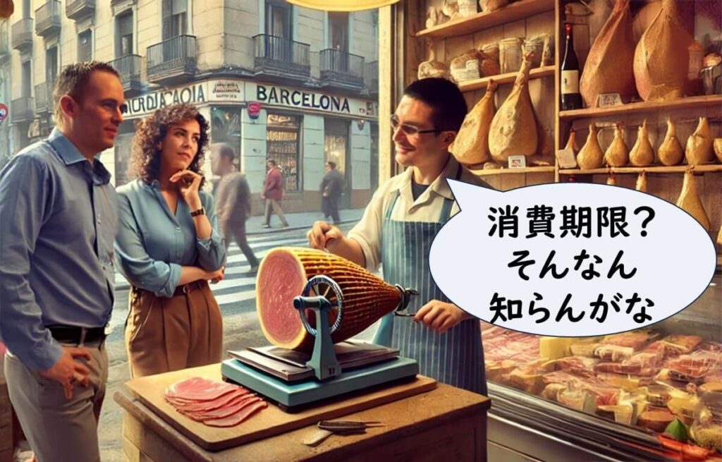 小売店舗で生ハムをスライスして販売する場面。店員が消費期限について知らないことを示し、小売バックヤードでのRTE食品の消費期限設定が曖昧である課題を表現している。