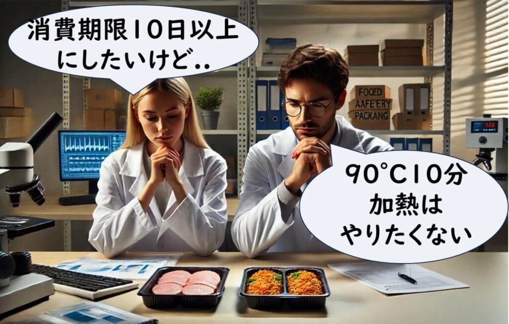科学者の男性と女性が真空包装された食品とガス置換包装された食品について、消費期限を10日以上に設定するか、90°Cで10分間の加熱処理を行うべきかで悩んでいる様子。男性は加熱処理に消極的であることを表現している。