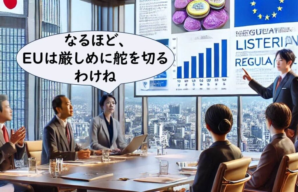  日本政府の厚生労働省職員がEUのリステリア規制について議論する様子を示したイラスト。