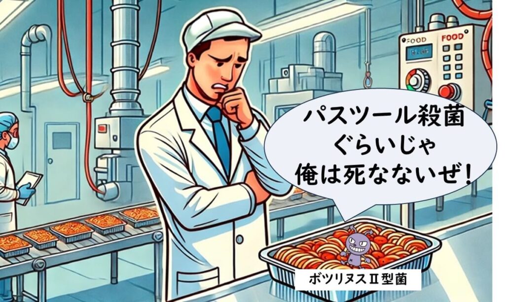 食品工場でパスツール殺菌を避けたくて悩む作業員。パスツール殺菌を避けたい理由とボツリヌスⅡ型菌のリスクに関連した状況を描いたイラスト。