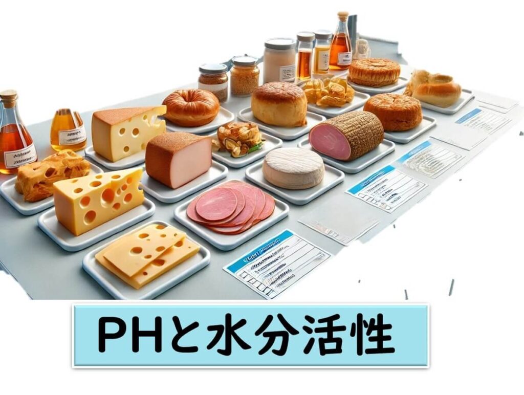 小売店でスライスされるRTE食品のpHと水分活性(aw)を測定し、リステリア菌の増殖リスク評価に用いるために並べられた食品サンプルのイメージ。