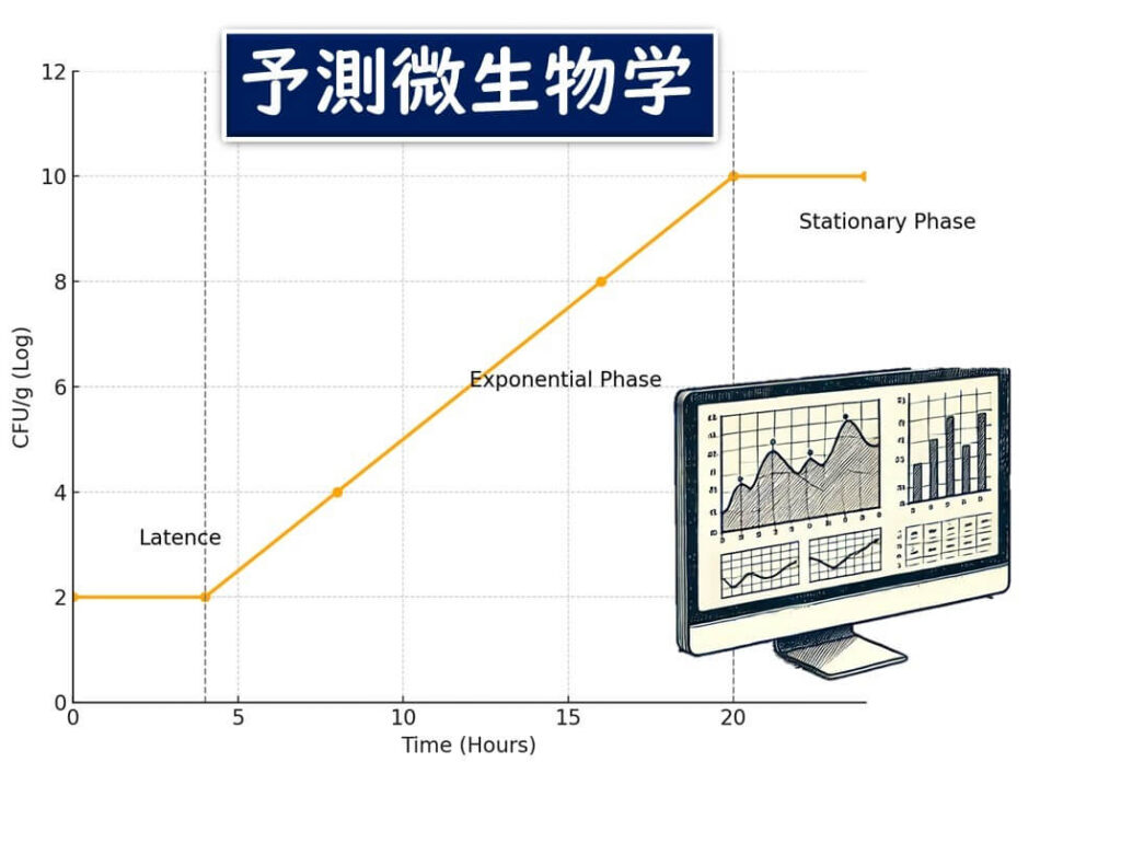 予測微生物学モデルを示した増殖曲線の概念図。ラグ相、指数増殖相、定常相が表され、リステリア菌の増殖挙動を予測する手法の説明に用いられる。