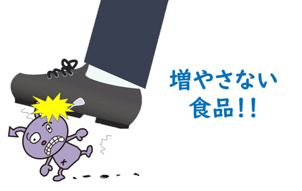 リステリア菌が増殖できない(非増殖)食品の例を示す比喩的イラスト。菌が踏み潰されている様子で、pHや水分活性が低い食品ではリステリア菌が増殖できないことを表現している。