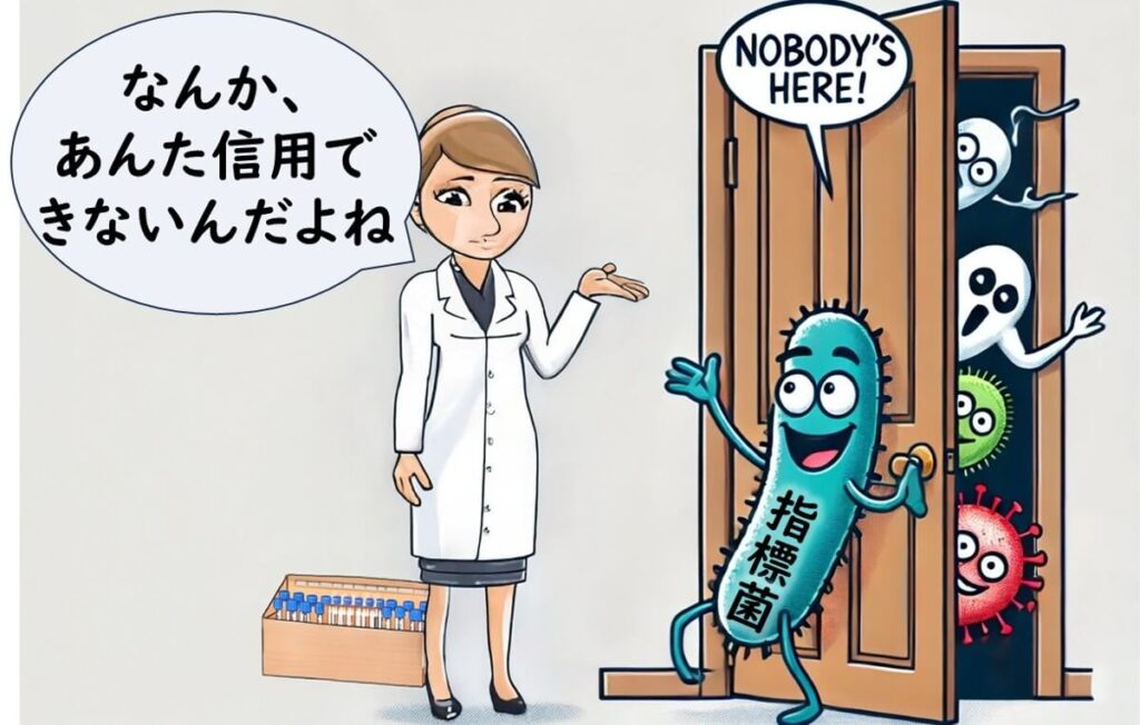 ドアを開けた指標菌が『誰もいません!』と言っているが、背後には病原菌が隠れている。検査官は試験管を持ちながら『なんか、あんた信用できないんだよね』と疑っている。指標菌の検査では、食品の安全性を保証できないことを示すイラスト。