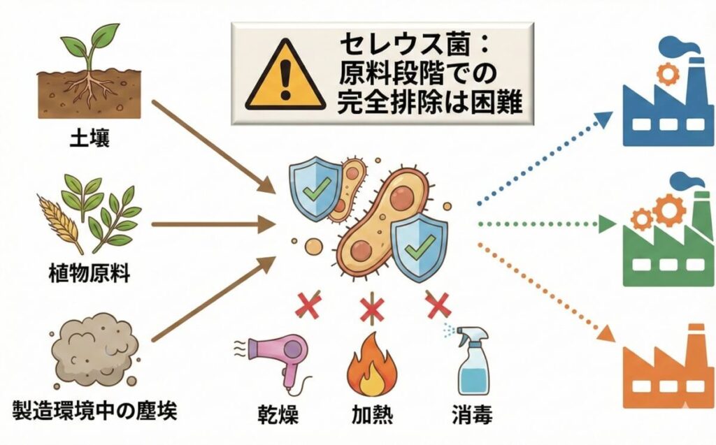 セレウス菌が土壌や植物原料、製造環境中の塵埃から原料段階で混入し、乾燥・加熱・消毒では完全排除が困難であることを示す図