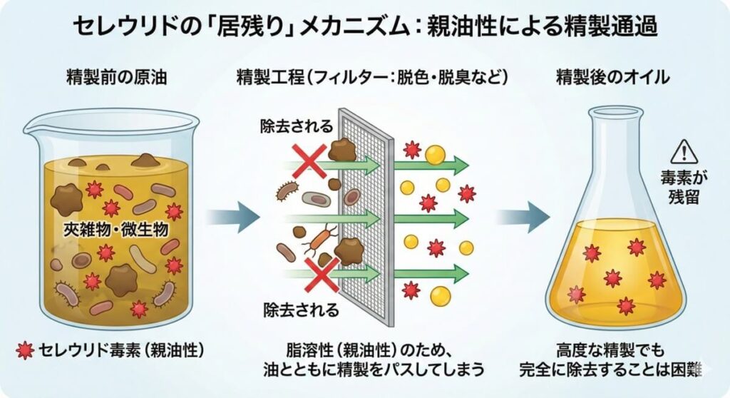 親油性をもつセレウリド毒素が油脂の精製工程を通過し、高度な精製後もオイル中に残留し得る仕組みを示す図