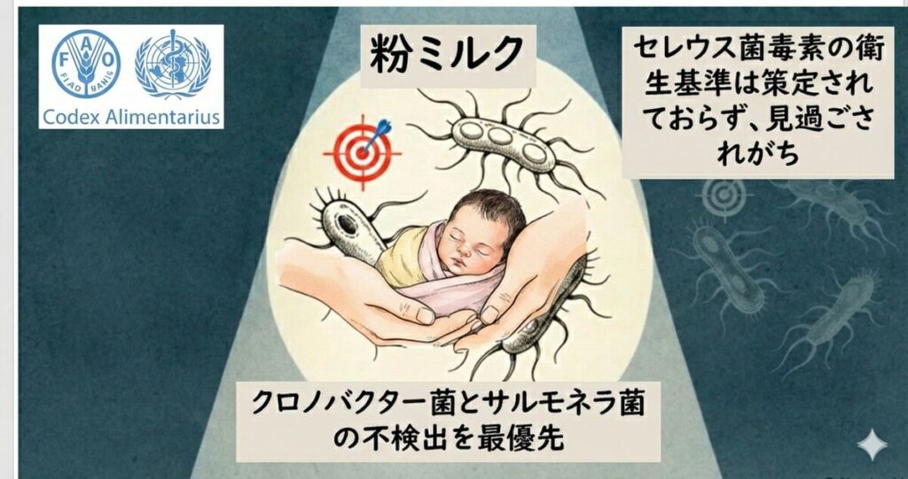 乳児用粉ミルクではクロノバクター菌とサルモネラ菌の不検出が最優先され、セレウス菌毒素に関する国際的衛生基準が未整備で見過ごされやすい状況を示す図