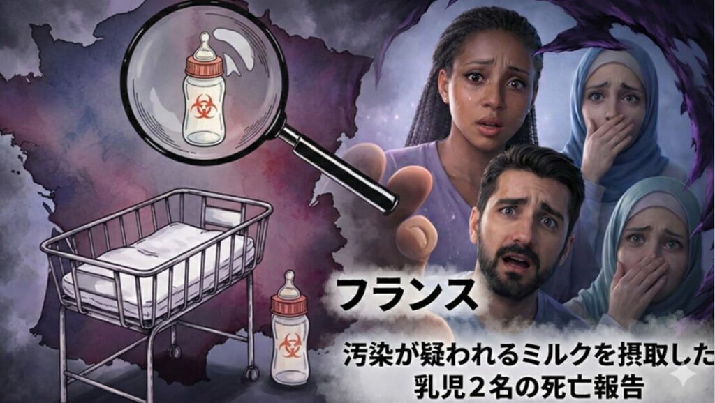 乳児用粉ミルクの製造現場でリコールが行われ、セレウリド汚染リスクが問題となっている状況を示すイメージ