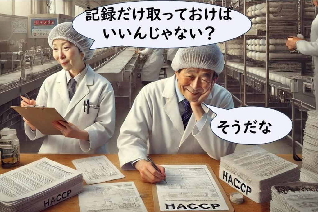 小規模食品工場でHACCPの書類作成に追われる従業員。衛生管理よりも記録作成が優先され、HACCP運用が形骸化している様子を表す。