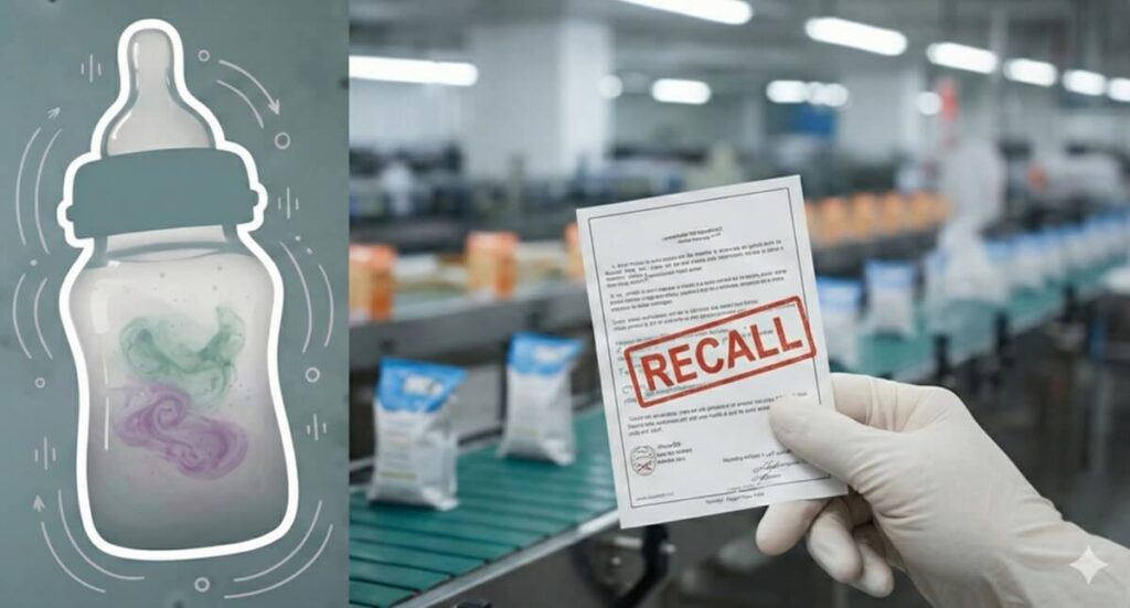 乳児用粉ミルク製造ラインでリコール通知が出される様子と、セレウリド汚染リスクを象徴的に示した哺乳瓶のイラスト