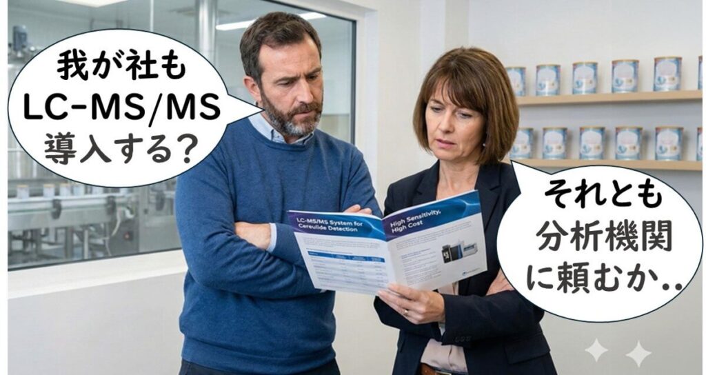 セレウリド分析に対応するため、LC-MS/MSを自社導入するか外部分析機関に依頼するかを検討する食品企業担当者の様子を示す図