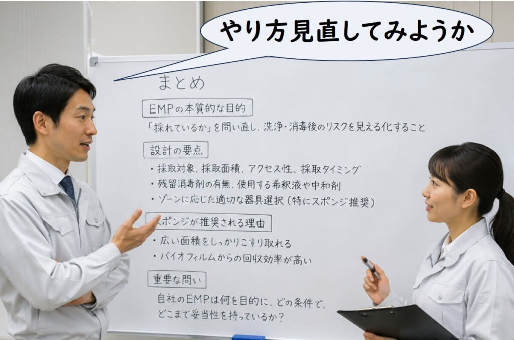 食品工場のQC担当者が、環境モニタリングの採取方法や中和剤の有無を見直している様子。