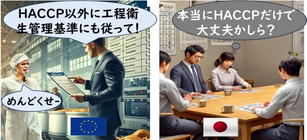 食品工場の現場で、HACCP以外に工程衛生管理基準にも従うべきかを指示されている品質管理者の様子。日本の食品工場の品質管理者たちが、HACCPだけで本当に衛生管理が十分なのかを会議で話し合っている様子。