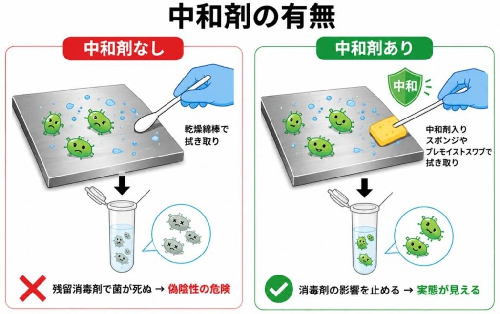 中和剤なしでは残留消毒剤により偽陰性の危険があり、中和剤ありでは消毒剤の影響を抑えて菌を検出しやすくなることを示すイラスト。