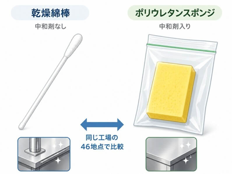 乾燥綿棒と中和剤入りポリウレタンスポンジを同じ工場内の46地点で比較するイラスト。