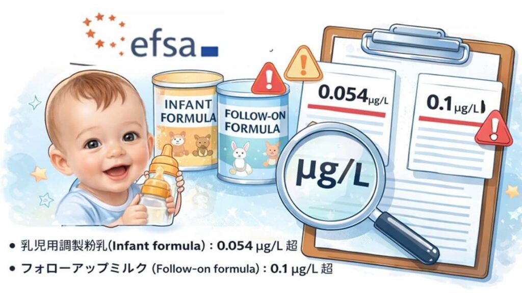 EFSAが示した乳児用粉ミルクとフォローアップミルクにおけるセレウリド濃度のリコール判断基準値を示す図