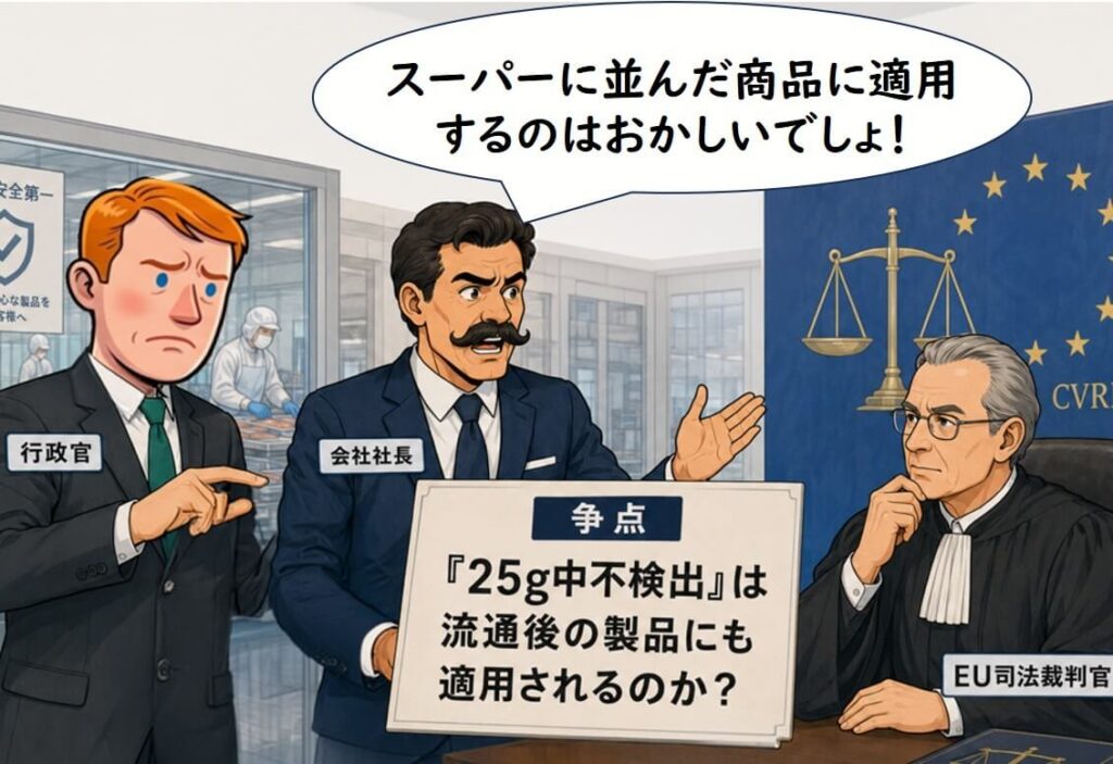 EU司法裁判所で、25g中不検出基準が流通後の製品にも適用されるのかが争点になっているイラスト