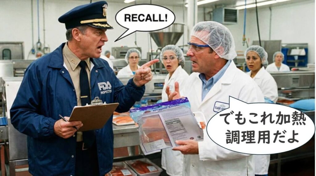 サーモン加工工場でFDA検査官がリコールを宣告し、製造側が加熱用製品だと主張している様子