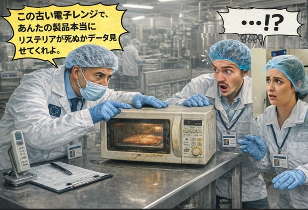 古い電子レンジでの加熱でリステリアが確実に死滅する証拠を求められ、製造担当者が困惑している様子